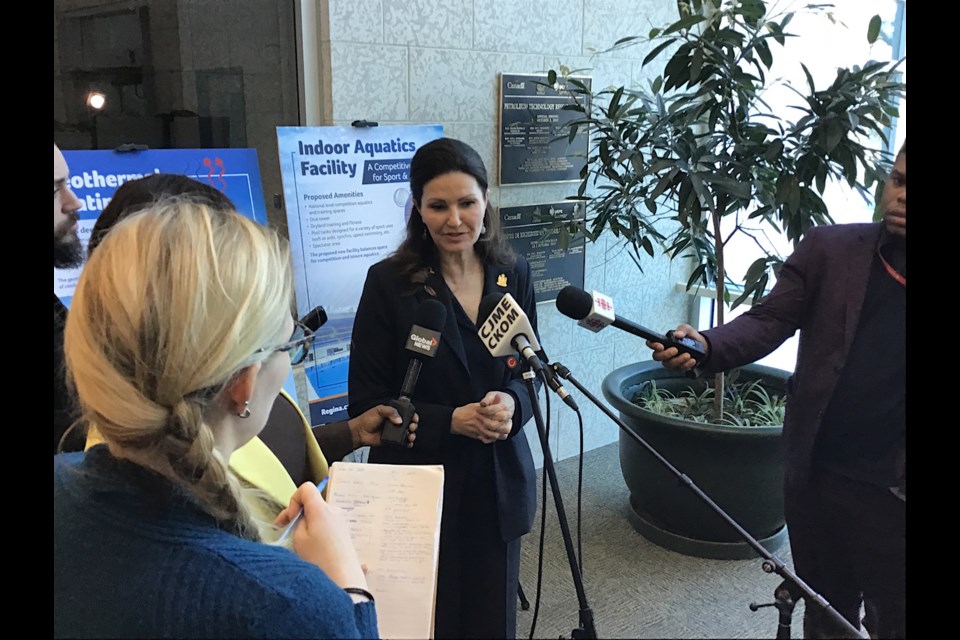 Mayor Sandra Masters at the announcement of confirmation of funding for the new Regina Aquatic Centre.