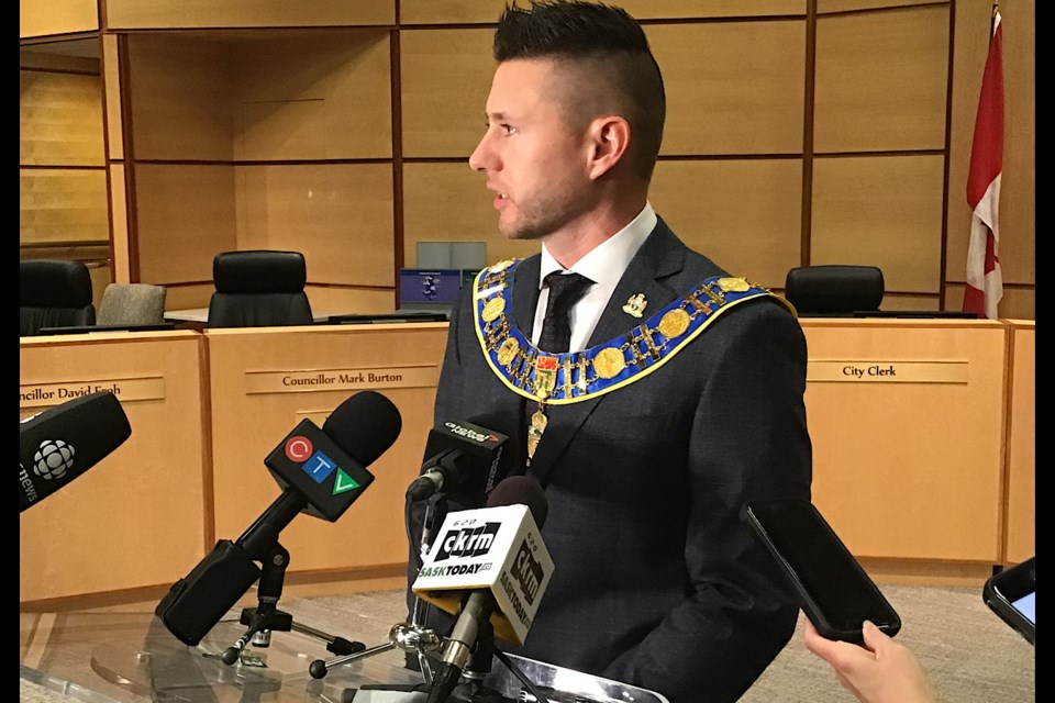Mayor Chad Bachynski conducts his first scrum with media after being sworn in as Mayor of Regina.