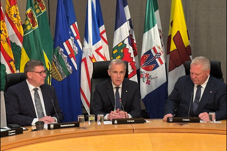 Premier Scott Moe, Prime Minister Mark Carney and Premier Doug Ford give remarks at the start of the First Ministers Meeting in Saskatoon.