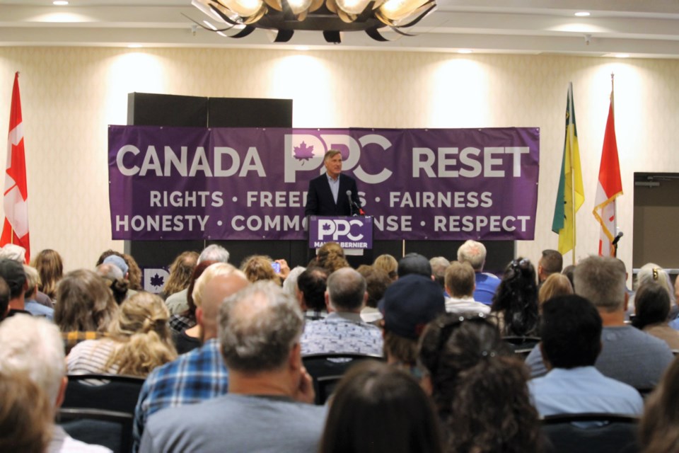 Maxime Bernier, leader of the People's Party of Canada, took the podium in front of a crowd of supporters in Regina.