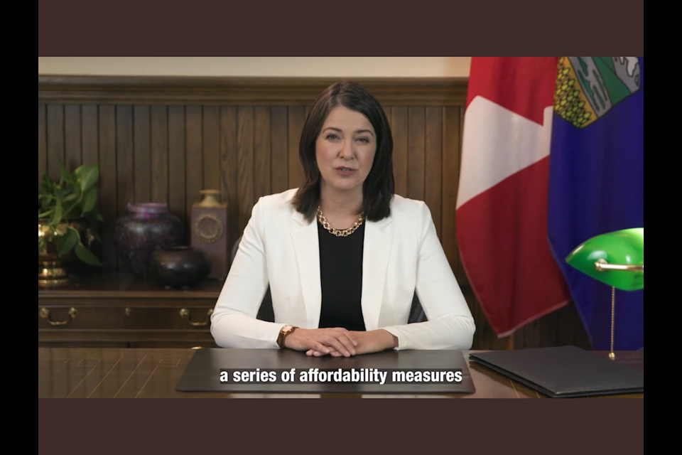 A screenshot of Alberta Premier Danielle Smith announcing affordability measures in a province-wide address Tuesday, Nov, 22.