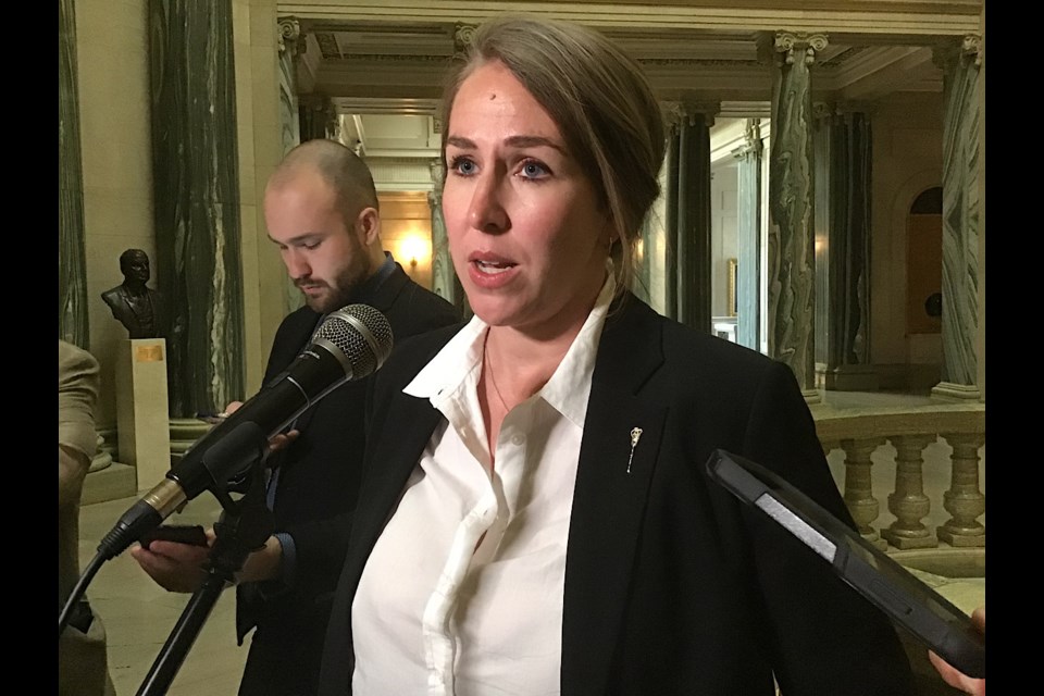 Regina University MLA Aleana Young speaks to reporters May 16 about the province’s power announcement.
