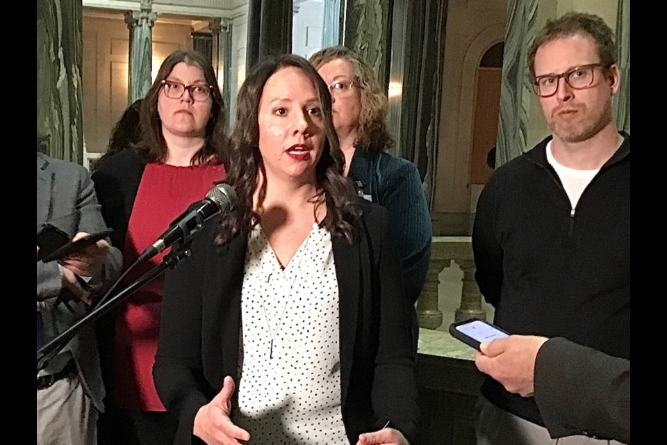 STF President Samantha Becotte speaks to reporters at the Legislature March 7.