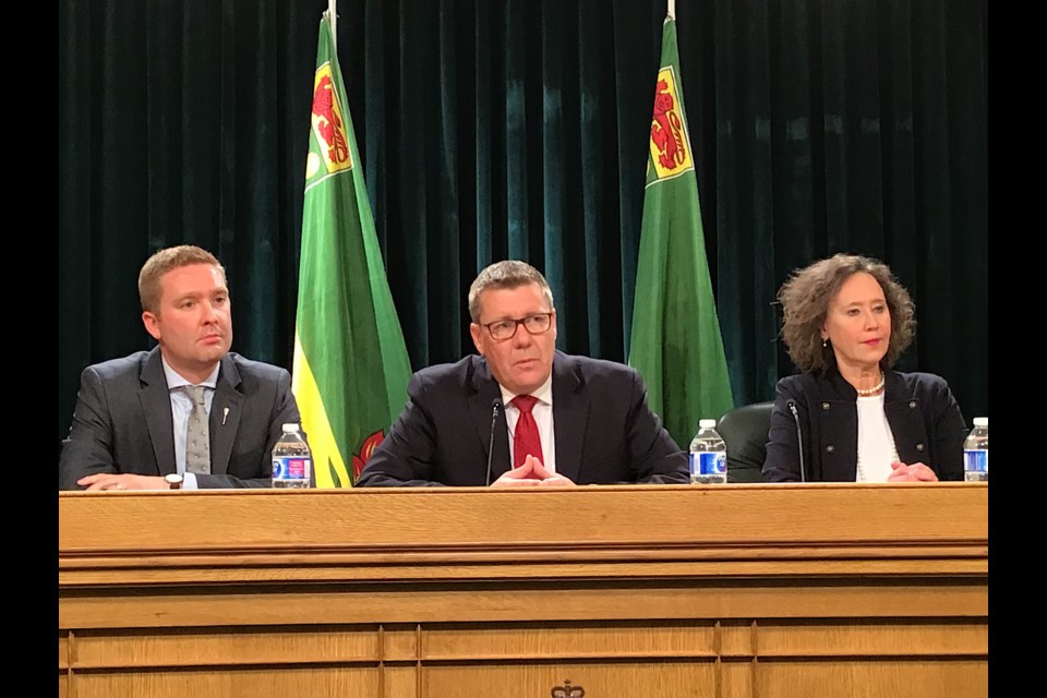 Education Minister Jeremy Cockrill, Premier Scott Moe, and Justice Minister Bronwyn Eyre speak on the passage of Bill 137.