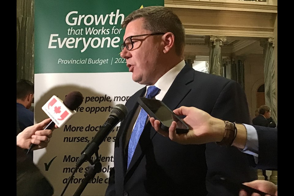 Premier Scott Moe speaks to reporters on Budget Day 2023.