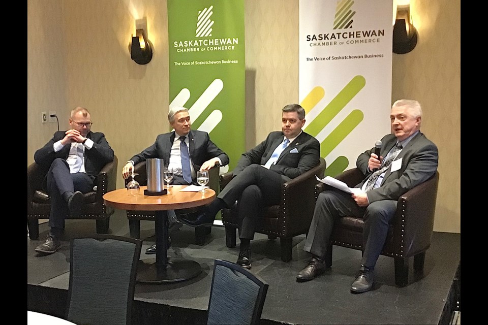 Scenes from the presentation by three Ministers Federal Minister François-Philippe Champagne (second from left), and Saskatchewan Ministers Dustin Duncan and Jeremy Harrison  to the Saskatchewan Chamber on Wednesday. Cam Swan (right) moderated the forum.