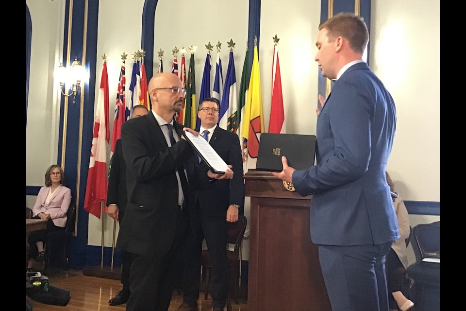 Jeremy Cockrill is sworn in as minister of Highways with responsibility for the Water Security Agency.