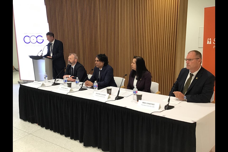 At the announcement that SaskPower and SRC are joining COG: left to right, Minister for SaskPower Dustin Duncan, SaskPower CEO Rupen Pandya, COG President and CEO Rachna Clavero, and Mike Crabtree, President and CEO Saskatchewan Research Council.