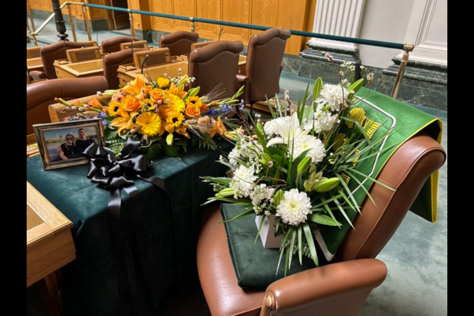 Yorkton MLA Greg Ottenbreit posted this photo of the flowers left at the seat of Regina Walsh Acres MLA Derek Meyers.