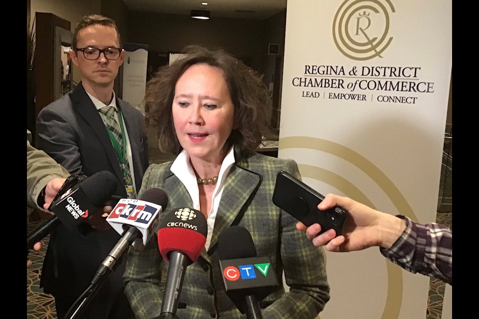Minister of Justice and Attorney General Bronwyn Eyre speaks to reporters following Chamber presentation on the Sask First Act.