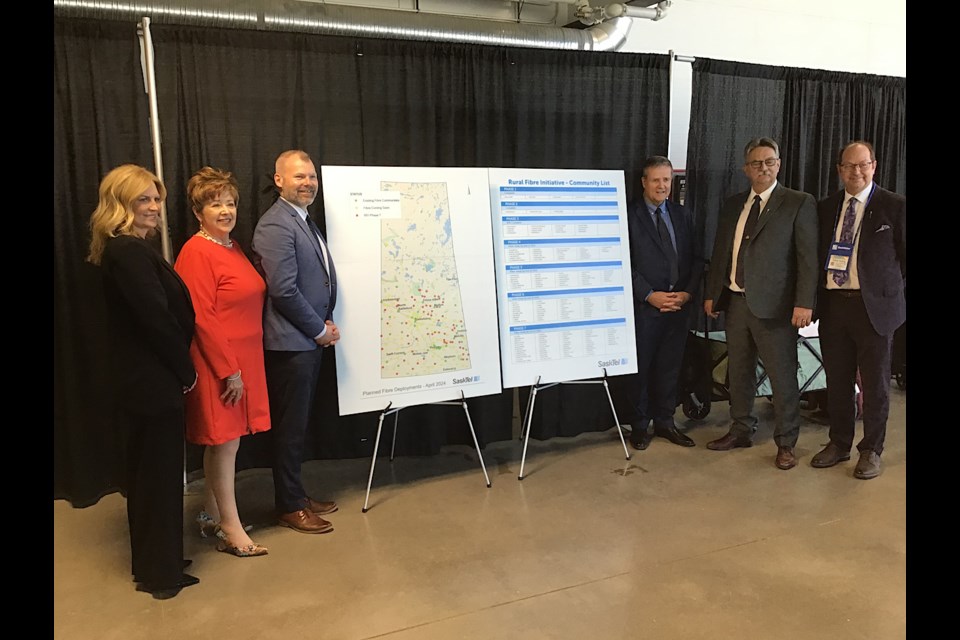 Officials at the announcement at SUMA of expansion of SaskTel’s Rural Fibre Optic Intitiative.