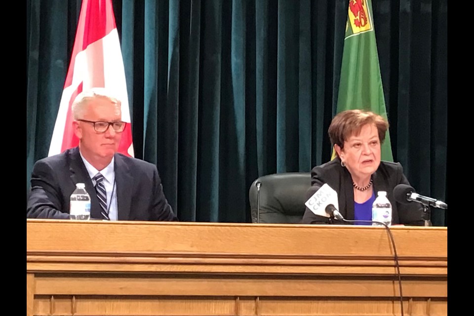 Finance Minister Donna Harpauer provides the latest quarterly budget update Tuesday at the legislature, along with Deputy Minister Max Hendricks.