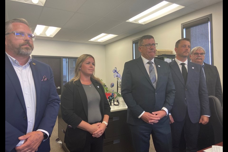 Left to right, Battleford Mayor Ames Leslie, North Battleford Mayor Kelli Hawtin, Premier Scott Moe, Minister of Corrections, Policing and Public Safety Tim McLeod, and North Battleford CAO Randy Patrick at the press conference on July 9.