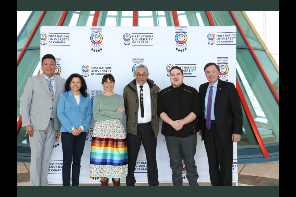 Solomon Ratt (third from right)  is seen along with dignitaries including MLA Jim Lemaigre and Minister Gord Wyant at announcement of Indigenous Languages scholarships funding at First Nations University of Canada.