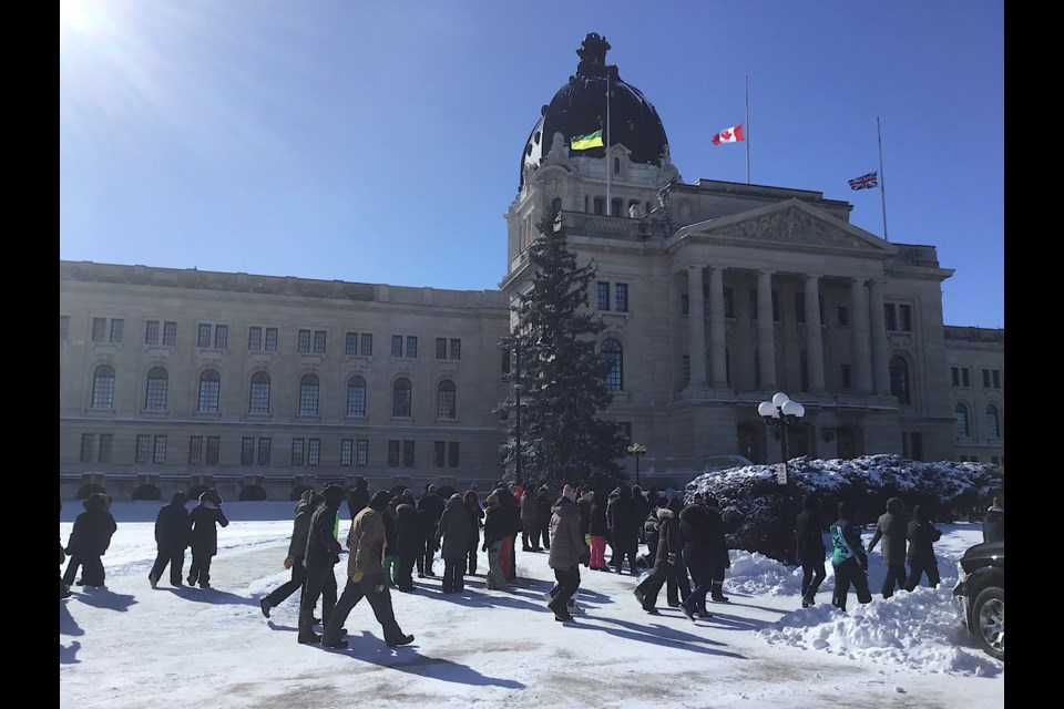 The scene outside the Saskatchewan Legislature as the spring sitting resumed March 4. Flags are flying at half staff in memory of Rt. Hon. Brian Mulroney, former Prime Minister of Canada who passed away last week.