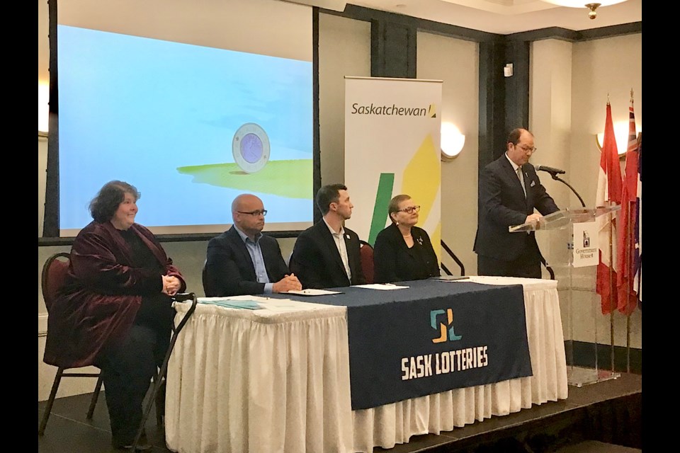 Left to right: Jan Seibel of SaskCulture, Jody Boulet of Saskatchewan Parks and Recreation Association Board, Sask Sport Chair Michael Rogers, Minister Laura Ross and Last Mountain-Touchwood MLA Travis Keisig at the signing for a new six year lotteries agreement.