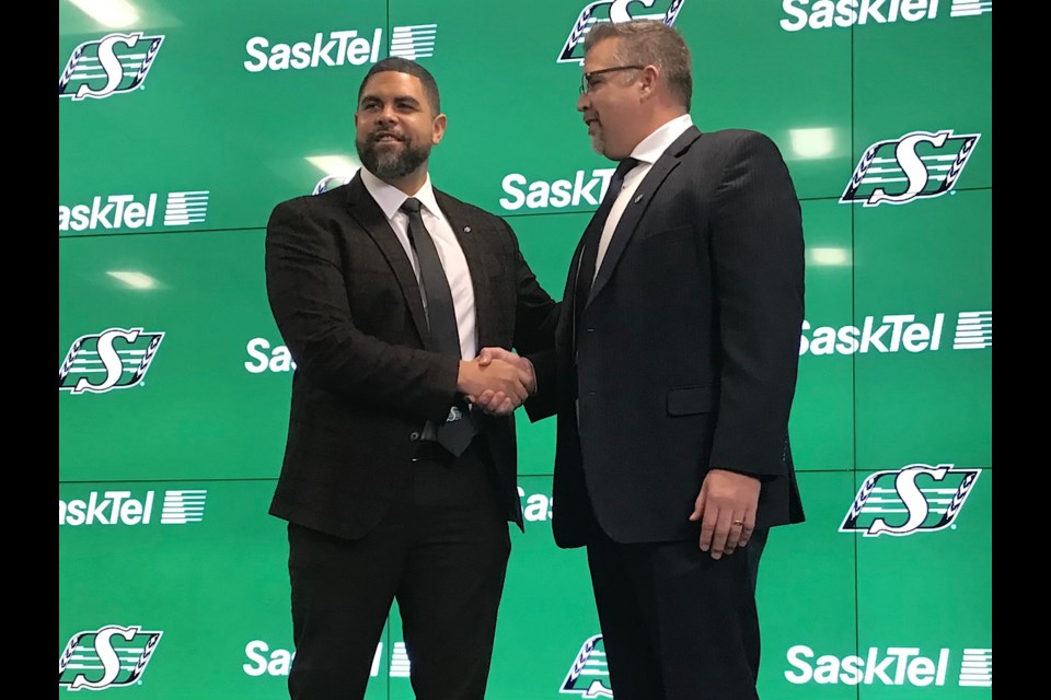 Riders Head Coach Corey Mace is introduced alongside GM Jeremy O’Day.