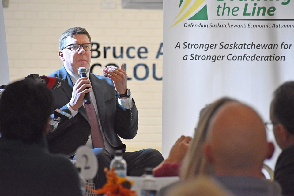 Premier Scott Moe speaks at the Chapel Gallery in October as he outlines the Sask. government's plans to Draw the Line with Ottawa over provincial resource authority.