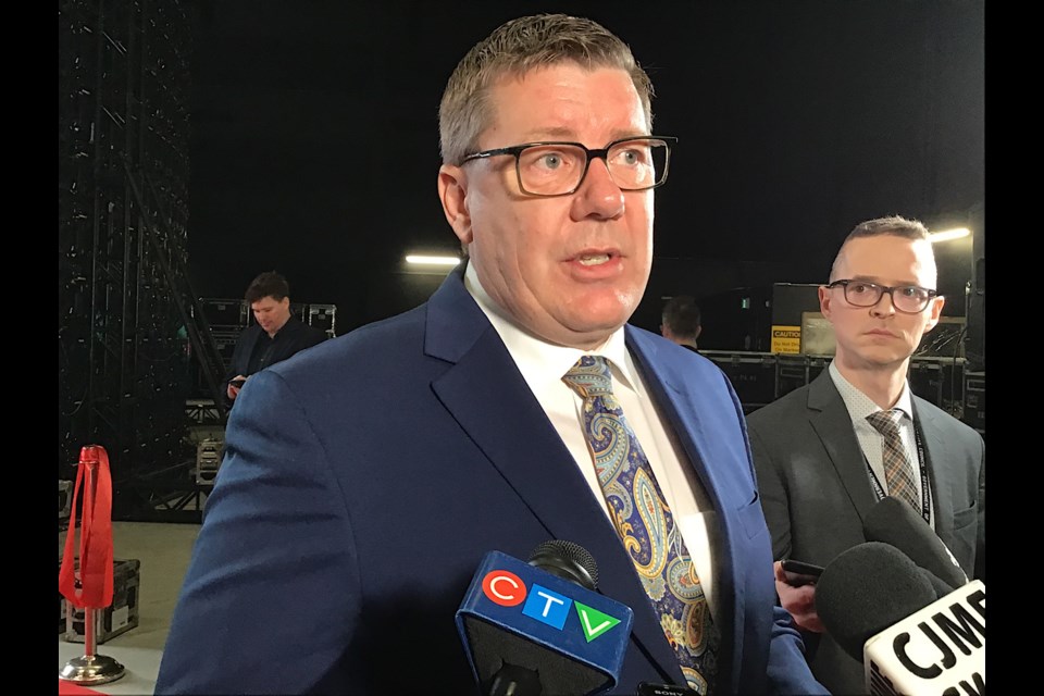 Premier Scott Moe speaks to reporters on the STF plans for a provincewide strike Wednesday and pulling extracurriculars Thursday and Friday.