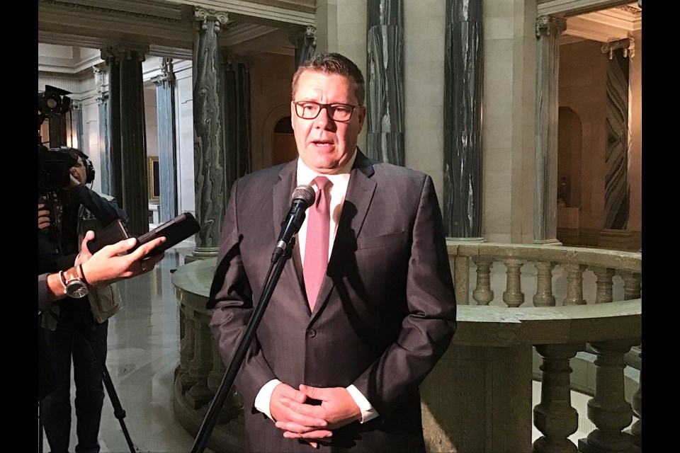 Premier Scott Moe speaks to reporters at the Legislature Tuesday as second reading is now on for the Parents Bill of Rights.