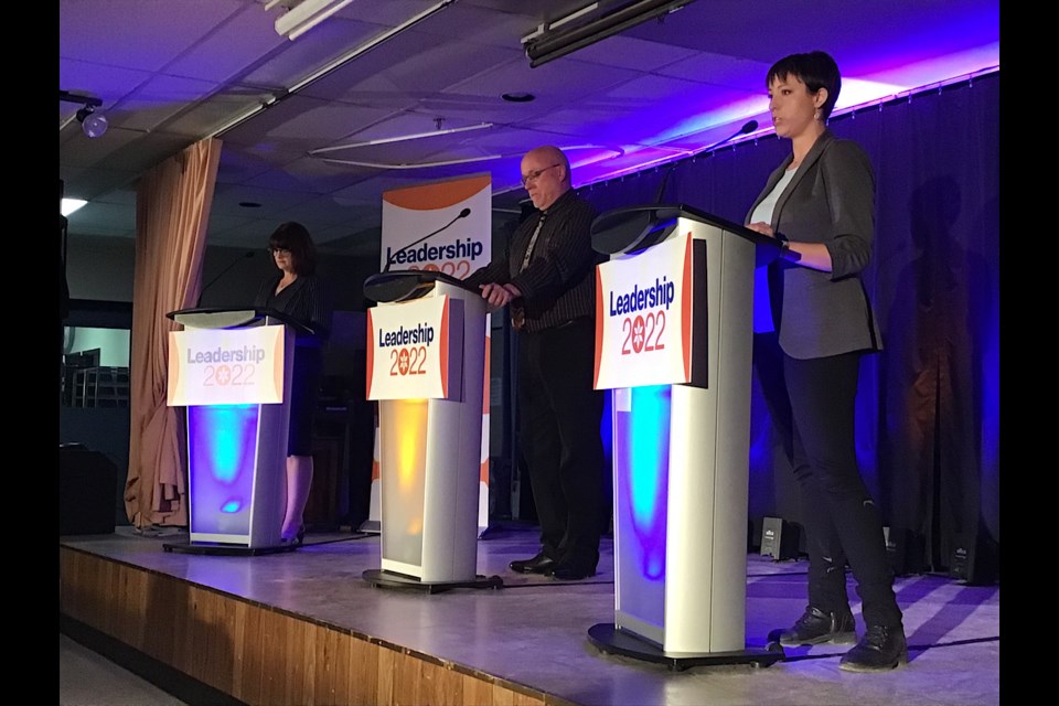 NDP leadership hopefuls Carla Beck (left) and Kaitlyn Harvey debate at the leadership forum in Moose Jaw.