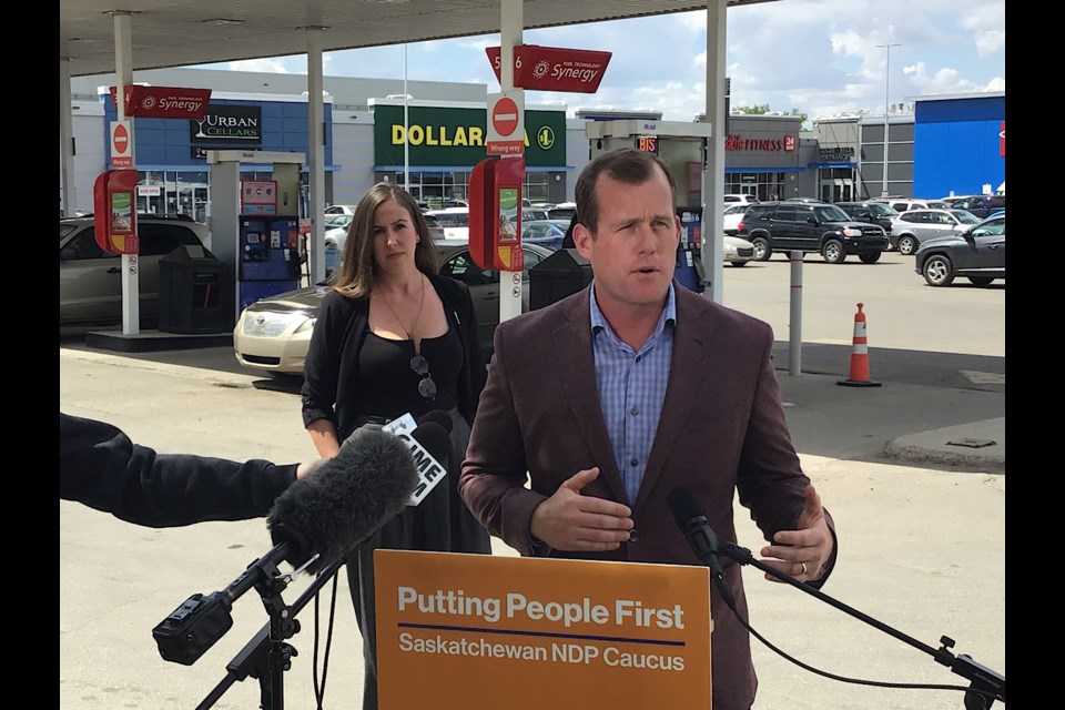 Trent Wotherspoon and Aleana Young at an NDP media availability in Regina.