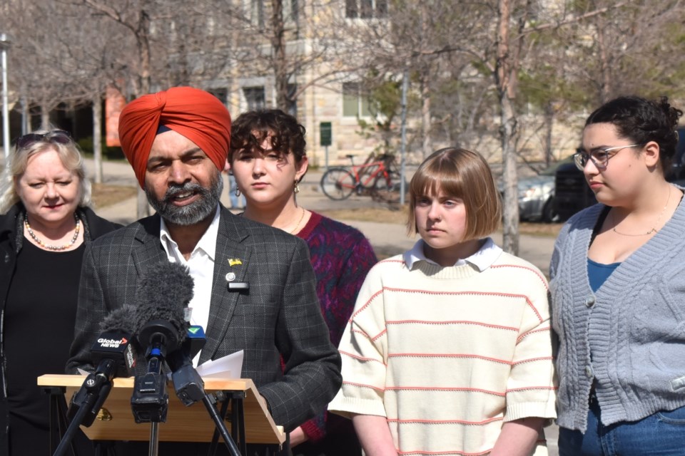 Shadow Minister for Advanced Education Tajinder Grewal holds a press briefing across the University of Saskatchewan's College of Kinesiology on Tuesday, April 22. 