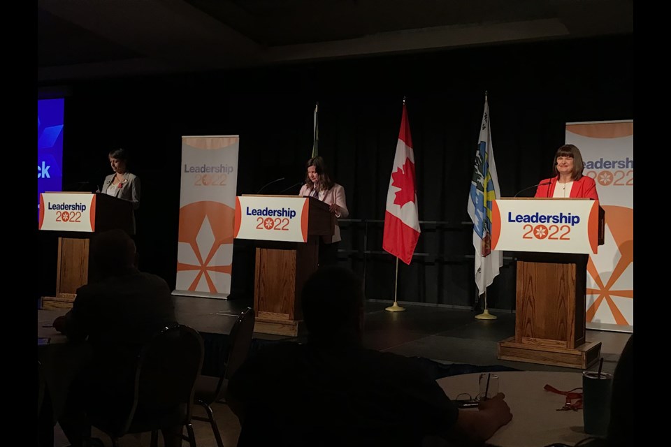 Kaitlyn Harvey (left) and Carla Beck (right) debate at the NDP leadership forum in Regina.