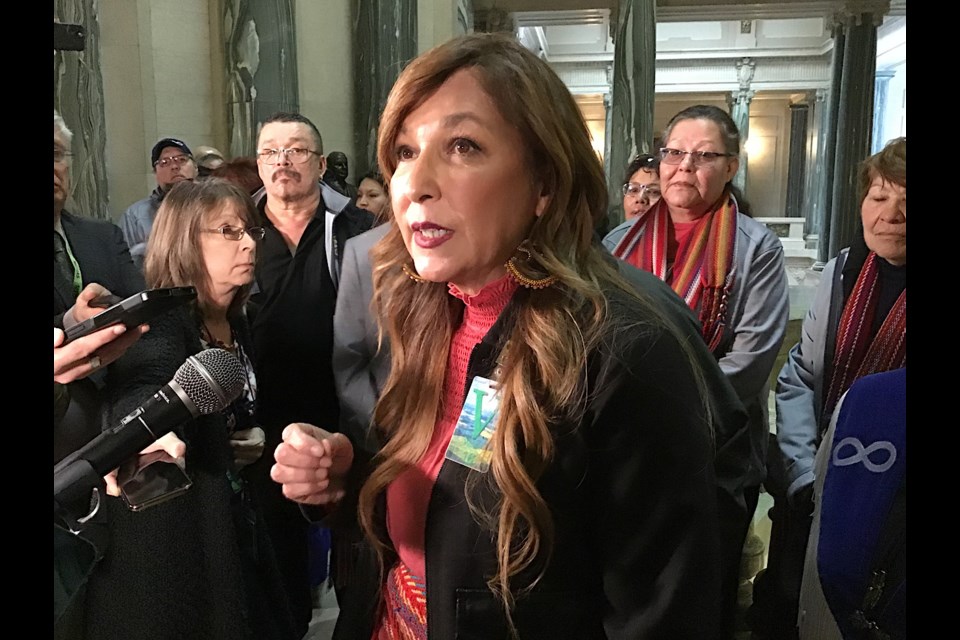 Métis Nation of Saskatchewan Vice-President Michelle LeClair speaks to reporters following passage of Sask First Act.