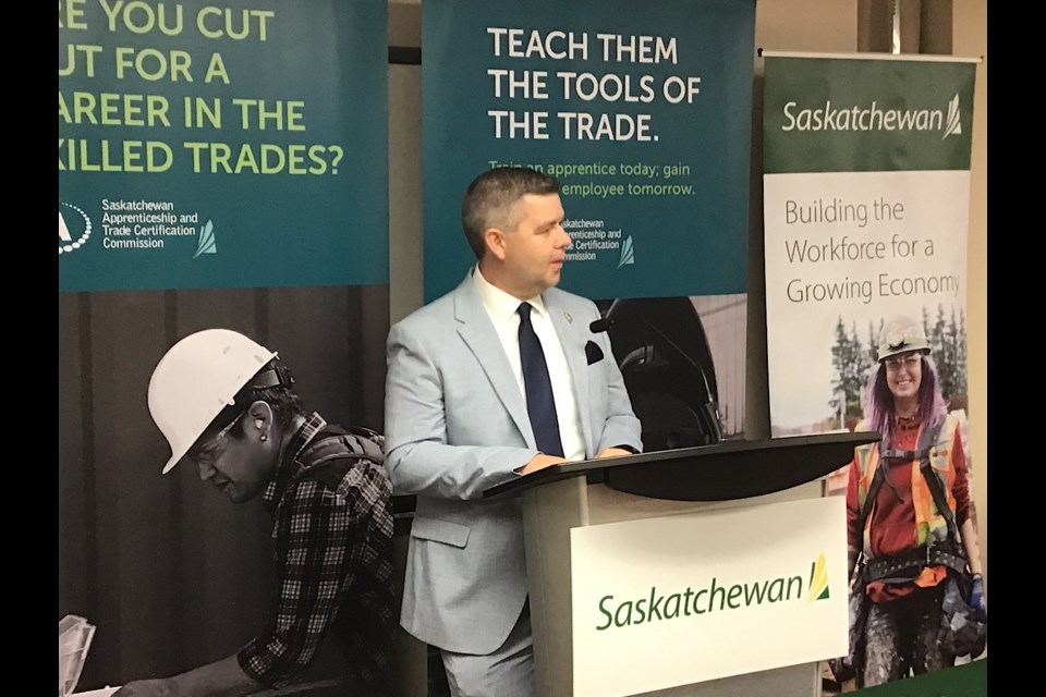 Minister of Trade and Export Development Jeremy Harrison speaks at the announcement of $1 million funding for SATCC on Tuesday, March 19.
