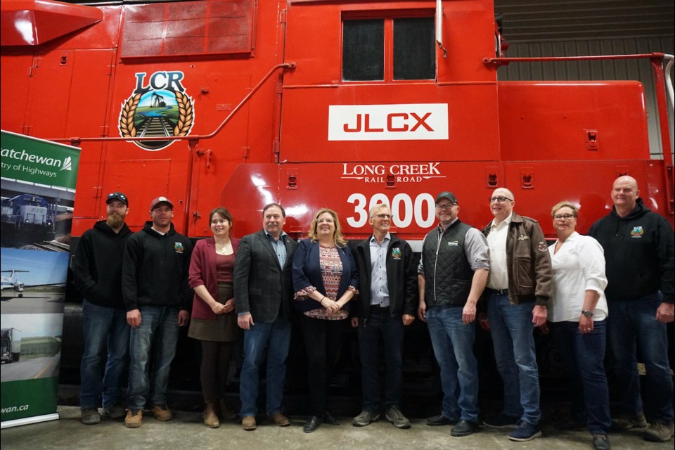 From left, Marlin Cogswell, locomotive engineer with Long Creek Railroad; Lincoln  Wanner, track maintenance, locomotive engineer with LCR; Rachel Mackenzie, communications and government relations director for the Western Canadian Short Line Railway Association; Cannington MLA Daryl Harrison,  Estevan MLA Lori Carr; Adriaan Lievaart, Long Creek Railroad CEO, RM of Estevan Reeve Jason LeBlanc; Estevan Mayor Roy Ludwig; Tara Struthers, business development with LCR; and Darwin Daae, vice-president of the LCR and Reeve of the RM of Cambria.                               