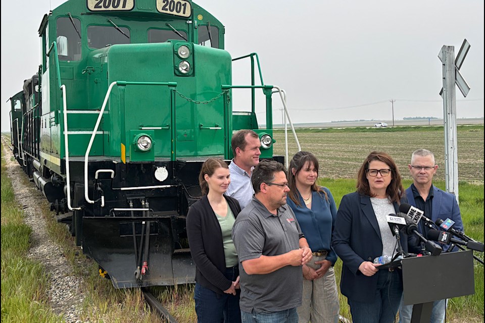 Carla Beck and opposition New Democrats hold news conference at a short line rail operation in southern Saskatchewan.
