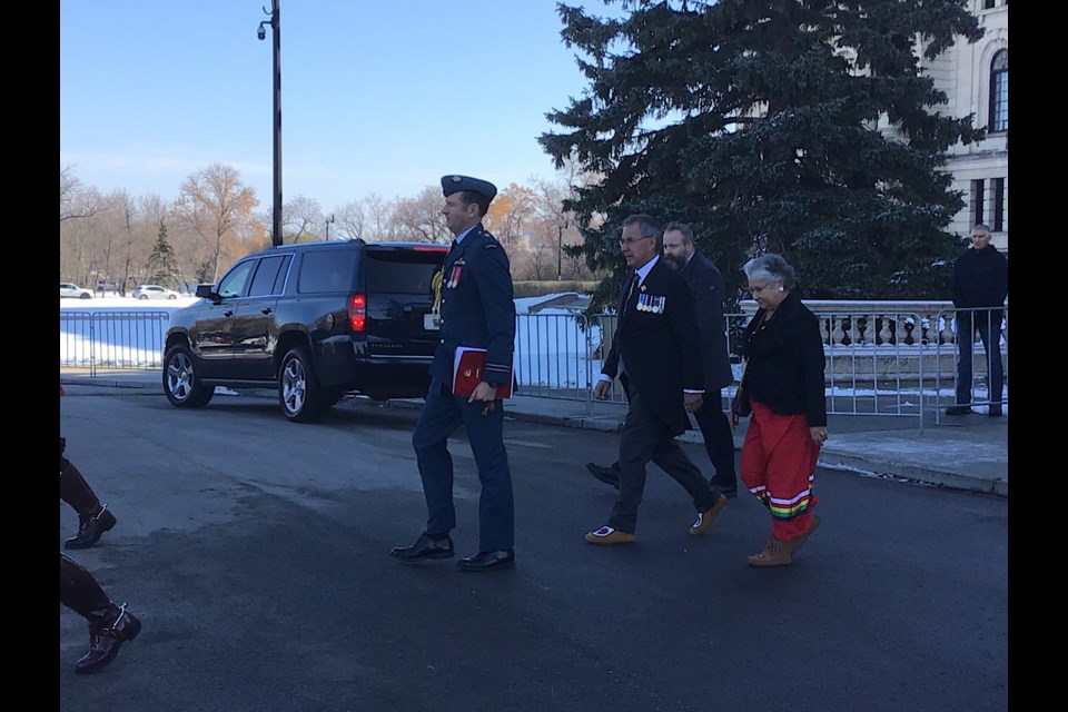 This is outside the Legislature on Oct. 26 as Lieutenant Governor Russ Mirasty and Donna Mirasty arrive,