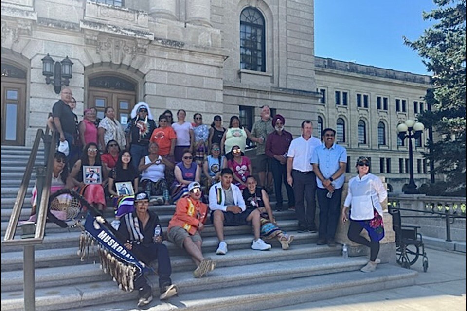 The group of walkers from Muskoday First Nation arrive at the Legislature Tuesday morning.