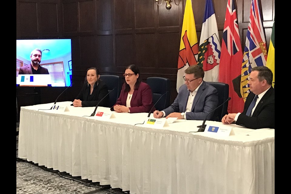 Premiers Sandy Silver (virtually), Caroline Cochrane, Heather Stefanson, Scott Moe and Jason Kenney meet reporters Friday afternoon.