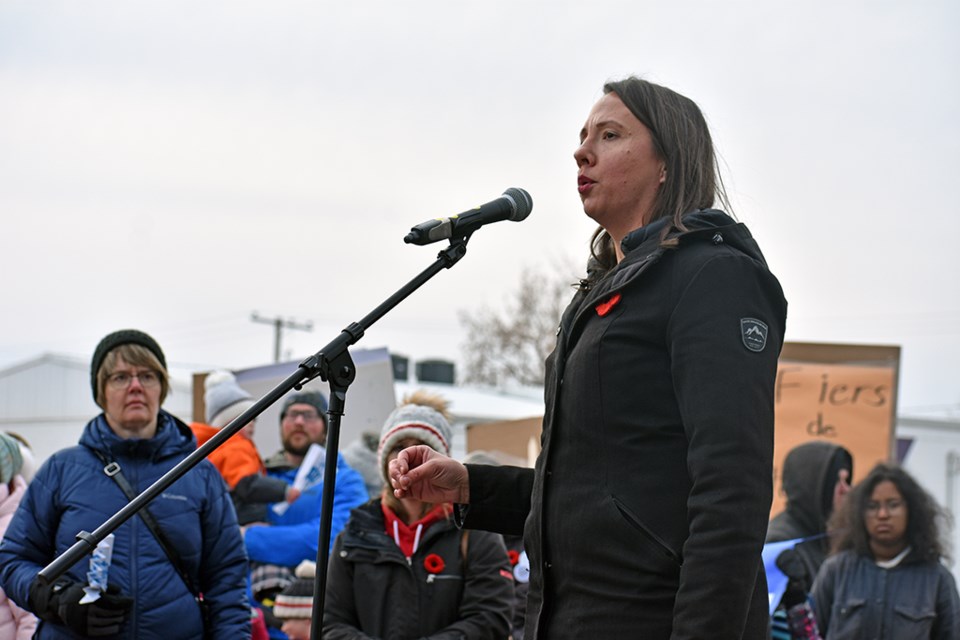 Samantha Becotte, president of the Saskatchewan Teachers' Federation speaks at the final fall rally across the province — Nov. 4 in North Battleford.