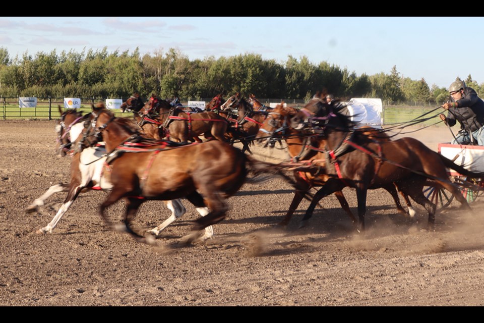 As always, getting off to a fast start was vital during the chuckwagon races. Vivian Rooks was the winner in this heat. There was only one evening of chuckwagon racing at Canora Ag Days due to safety issues with the track on Day 1.