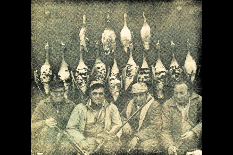 Evidence of good goose hunting presented by Andy Boser of Denzil, Zack and Leo Boser of Reward and Linus Volk of Saskatoon, from Oct. 1972.