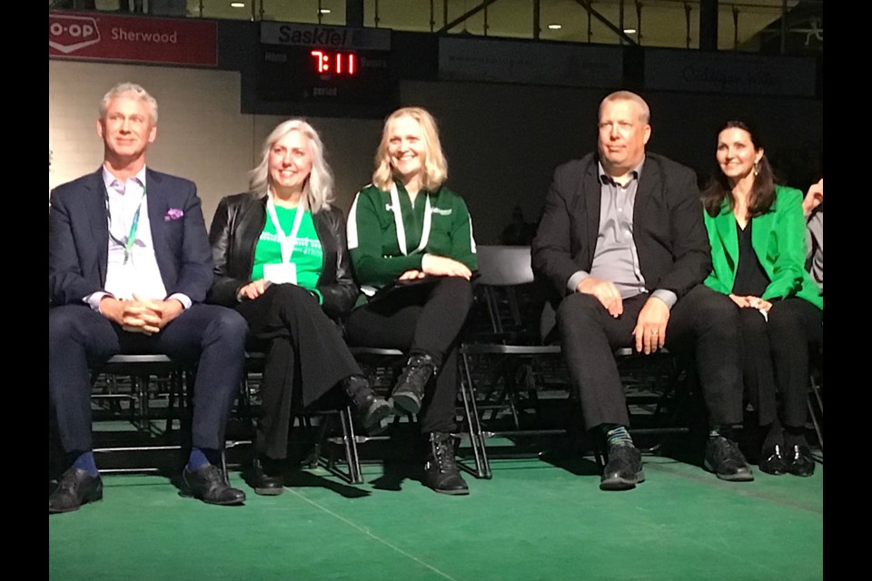 Seen here are dignitaries from the opening ceremonies of the 2023 Saskatchewan Winter Games: Ken Hillier of Teine Energy, Valerie Sluth of the Regina Host Committee, Amber Holland, Minister Gene Makowsky and Mayor Sandra Masters.