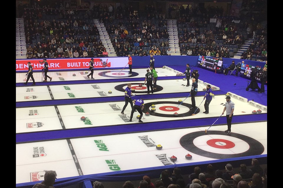 The scene from the stands of the action on the ice during the 2024 Montana’s Brier in Regina.