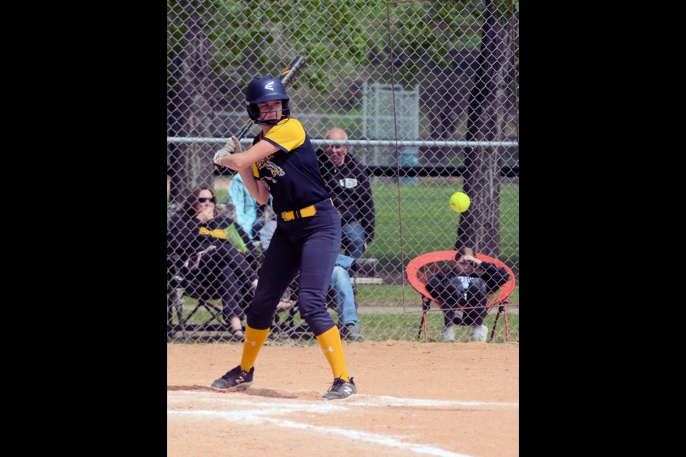 Up to bat in the U15 girls’ softball tournament semifinal against Biggar, June 2, Unity’s Kali Scherr has her eye on the ball.