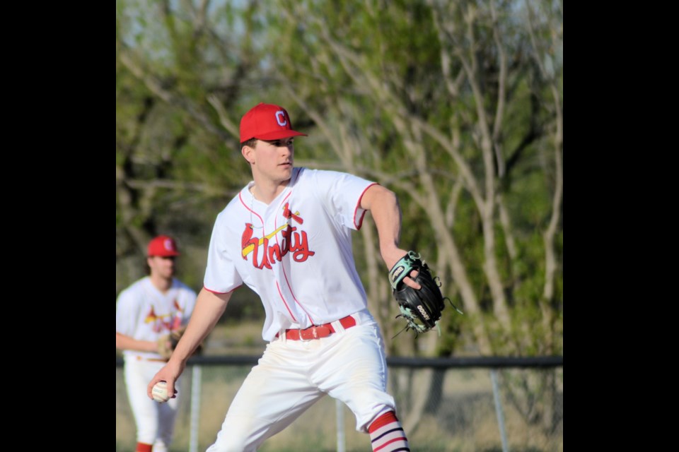 Unity Cardinals, Garin Scherr, was on the mound to start the team's home opener, played May 18, against Standard Hill Lakers.