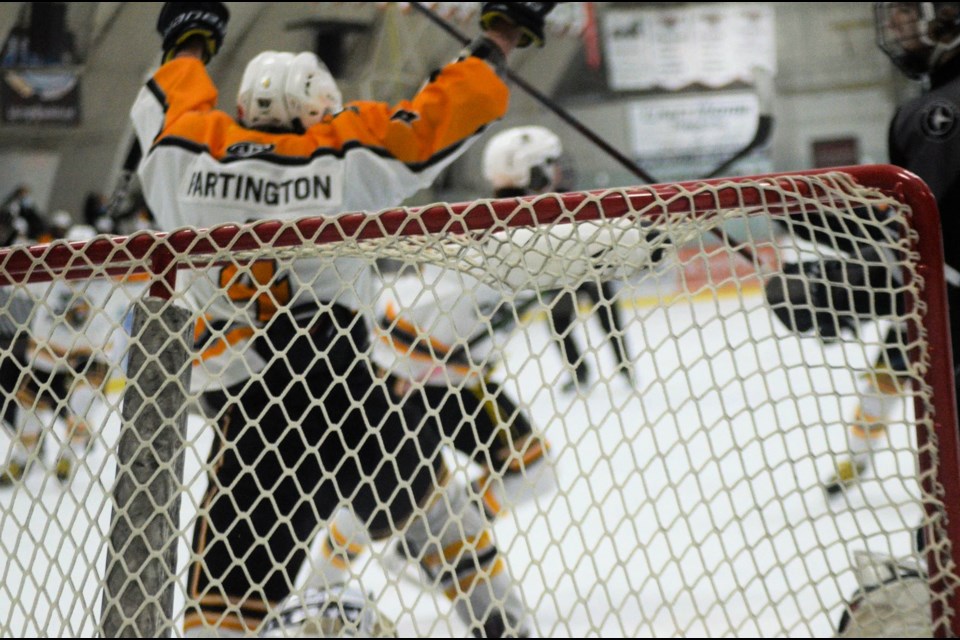 The Wheat Kings celebrate a goal in an earlier game this season.