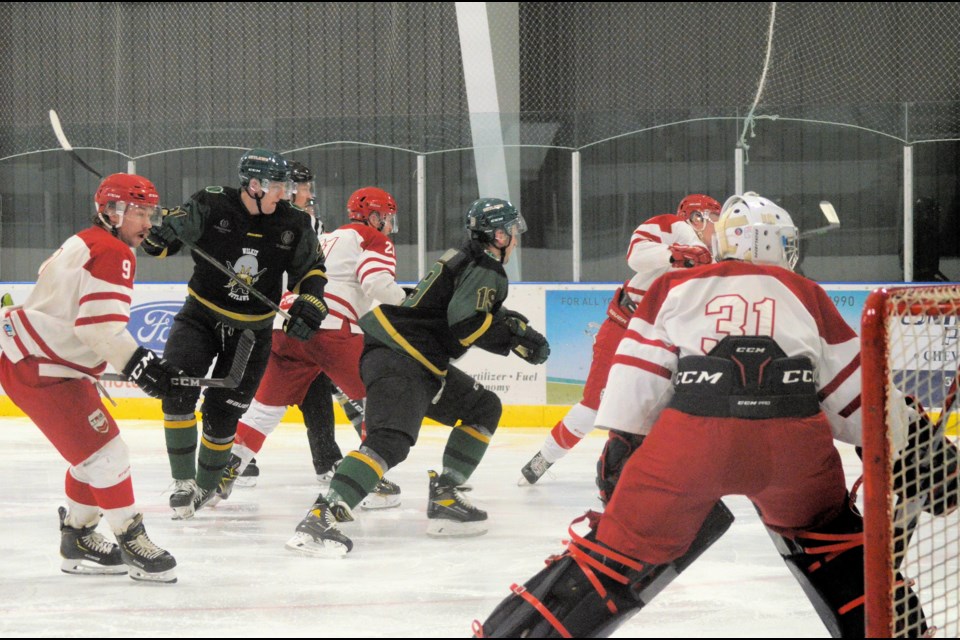 The Wilkie Outlaws in Dec.  5 action against Edam 3 Stars Outlaws pictured are Rory Gregoire and Blake Young. 