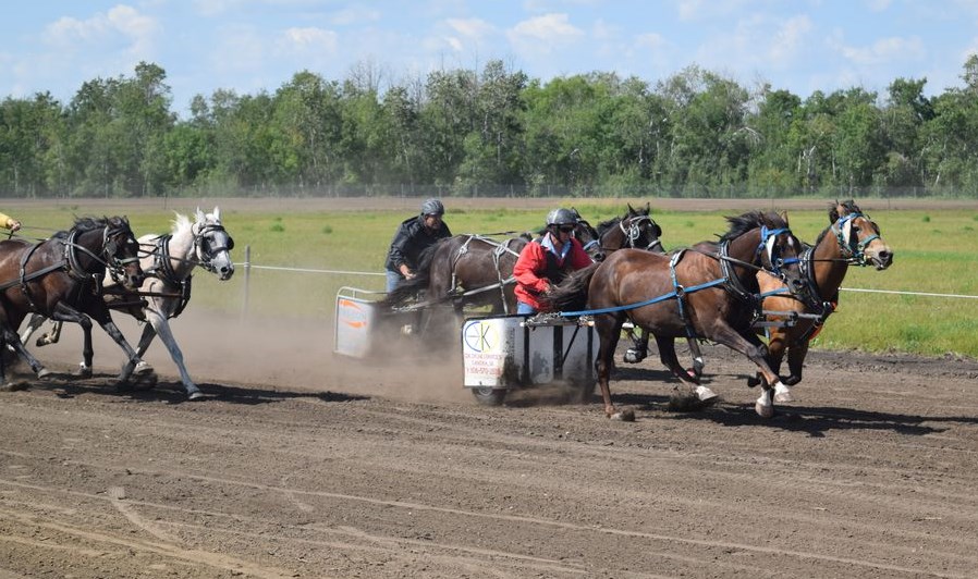 In the tightly-contested first heat of the chuckwagon races at Canora Ag Days on Aug. 20, Hugh Jack, driving a rig sponsored by CDK Drone Services of Canora, roared up the middle to claim first place.
