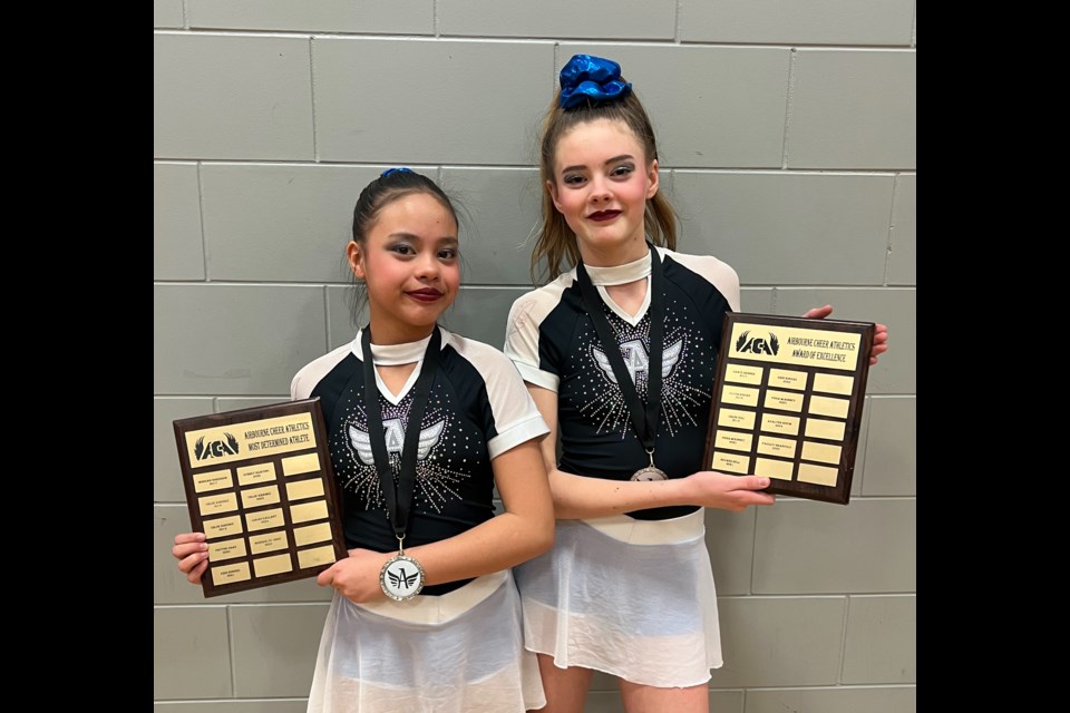 The Airbourne Athletics team recently presented year-end awards to local athletes. Receiving gym awards, Monique St. Onge received the Most Dedicated Athlete, and Paisley Branvold  received an Award of Excellence.