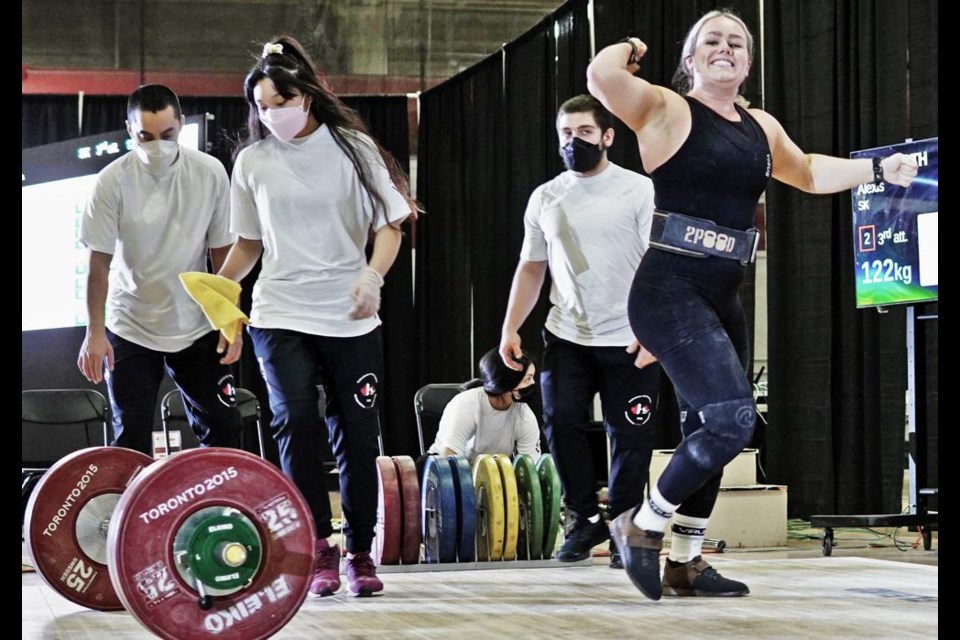 Weightlifter Alexis Ashworth cheered after making her last lift at the Canadian Invitational, held in February in Toronto - this competition enabled her to be selected for Team Canada, to compete at the Commonwealth Games this summer