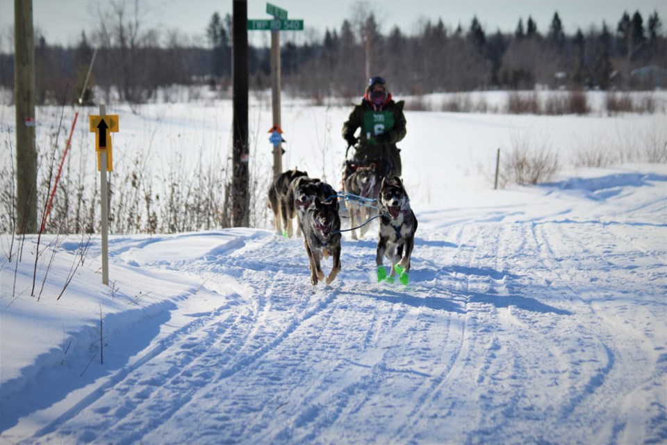 Unity's Amanda Grant takes first place in the 2023 Torch River Sled Dog Race.