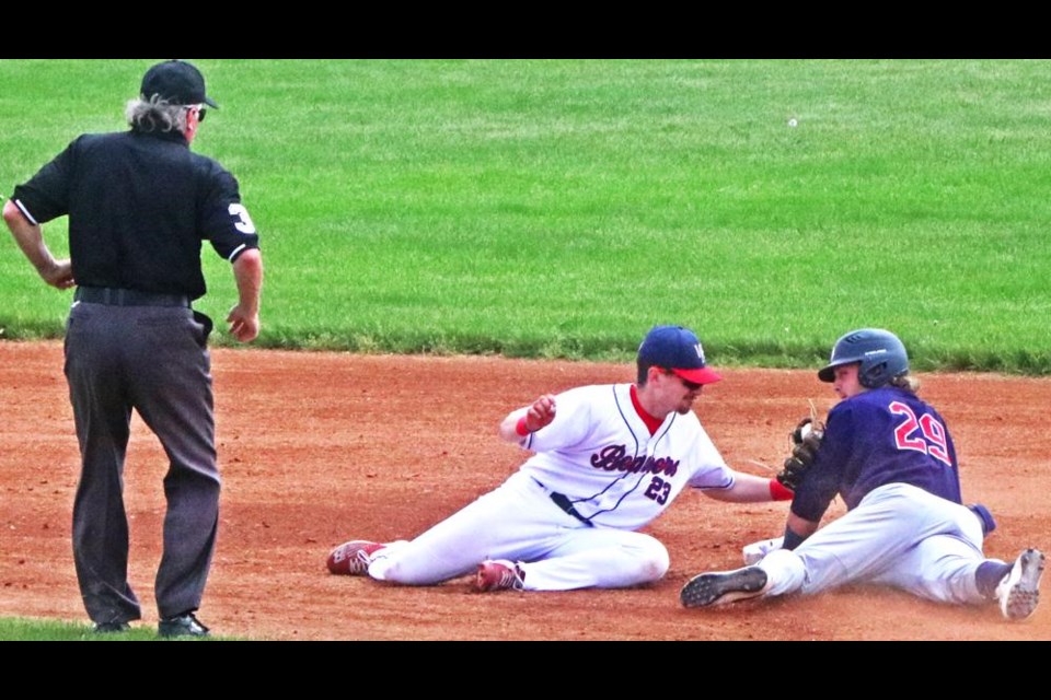 Weyburn Beavers second baseman Cale Yuzdepski tagged the runner from the Regina Red Sox, who looked over at the umpire for the call. The runner was called safe on this play. The Beavers went on to beat the Red Sox by the score of 6-2 in the Saturday afternoon game.