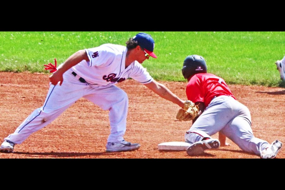 Beavers second baseman Brayden Mayencourt made sure with a tag to an Okotoks runner, as the runner stole the base during Saturday afternoon's game.